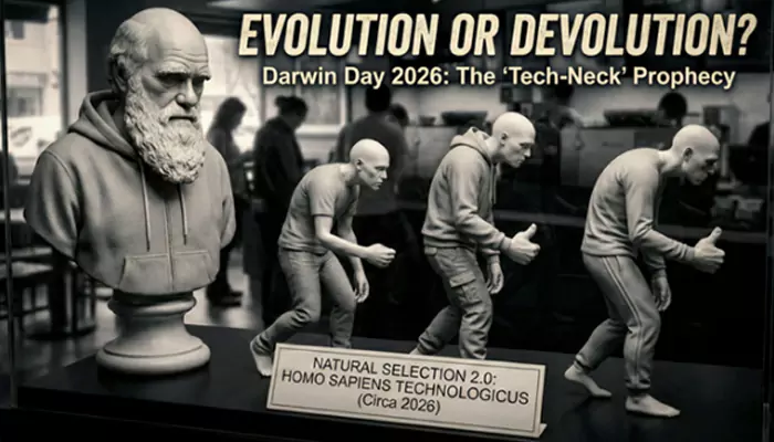 Natural Selection 2.0: Darwin Day Predicts if 'Tech-Necks' & 'Scrolling Thumbs' Are the Future of Humanity